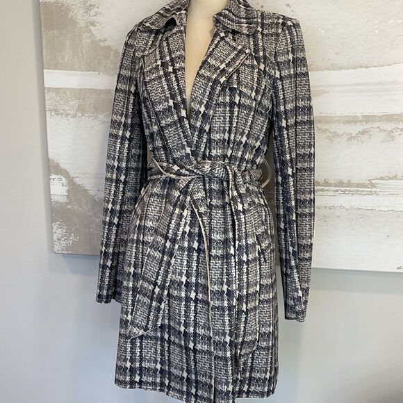 SOLITAIRE TRENCH COAT GLEN GREY BLACK PLAID SLASH POCKET OPEN FRONT SIZE S NWT - Picture 1 of 8